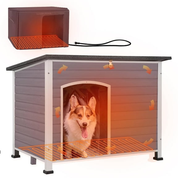 Aivituvin Heated Dog House with Heater and Insulated Liner, Large Outdoor Insulated Dog House with Metal Frame for Medium to Large Dogs for Winter, 43.3" L Gray