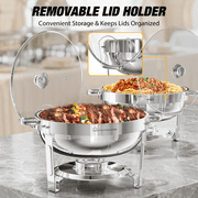 WARMOUNTS Round Chafing Dish Buffet Set 4 Pack, 5QT Buffet Chafe Warmer Set, Polished Stainless Steel Chafing Dish for Buffet with Glass Lid & Holder for Party Events, No Finger Cuts