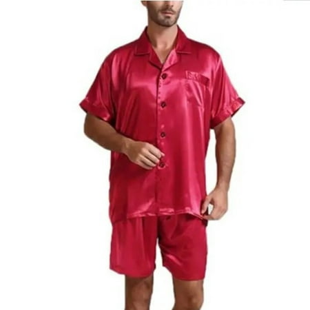 

2Pcs Mens Silk Satin Pyjamas Set Short Sleeve Tops+Shorts Sleepwear