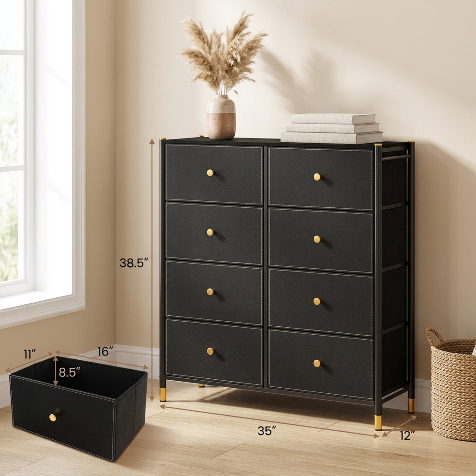 Furnibear Floor Dresser Storage Organizer with 5/6/8 Drawers with Fabric Bins and Metal Frame-8-Drawer for Bedroom Closet Living Room Nursery, Black