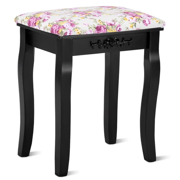 Topbuy MDF Dressing Stool Old-fashioned Vanity Chair Cushion Padded Seat w/ Rose Pattern Black
