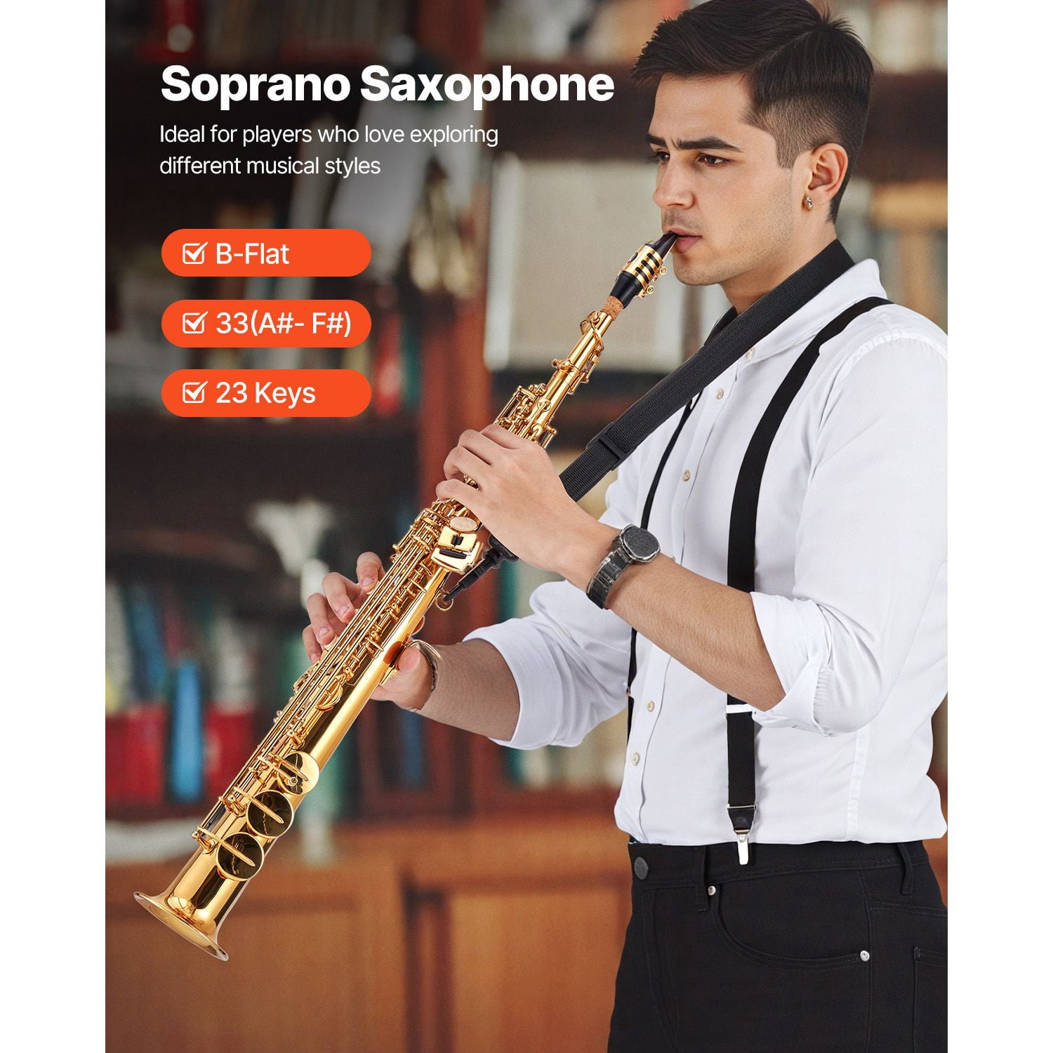 Straight Soprano Saxophone, B Flat, Brass Saxophone Beginner Kit with Carrying Case, Mouthpiece, Cleaning Cloth Rod, Gloves, Neck Strap, 23 Keys Soprano Sax Kit, for Beginners Students, Gold
