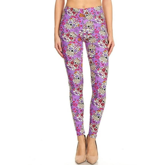 Buttery Soft Plus Size Purple Sugar Skull Leggings (One Size Plus,Purple)