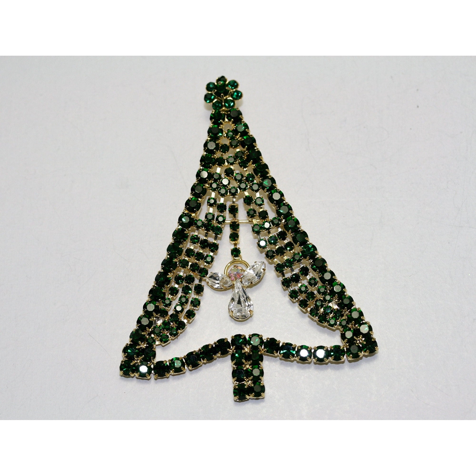 Emerald Green Rhinestone Christmas Tree Brooch Pin, Crystal Christmas Tree, Costume Holiday Jewelry Gift
