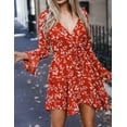 thumbnail image 2 of Women's Dress Floral Printed V-Neck Flared Long Sleeve Ruffle Hem Short Dresses with Drawstring, 2 of 4