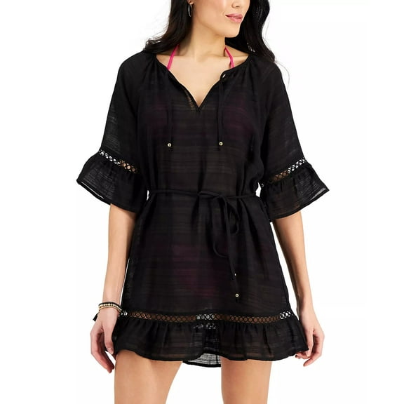 Miken BLACK Juniors' Belted Ruffle Cover-up Dress, US Small