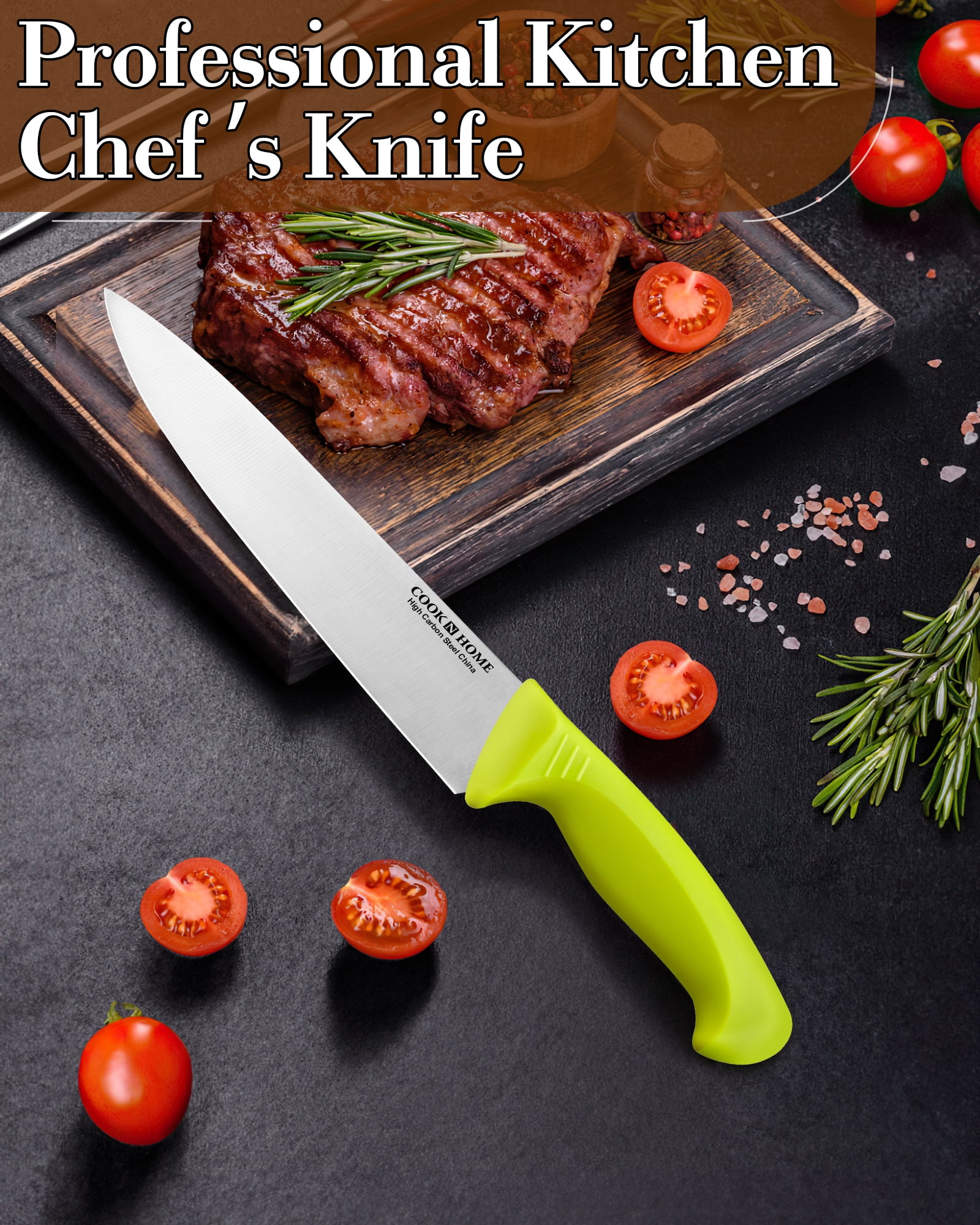 Cook N Home Professional 8 Inch Chef's Knife Multi-Purpose, Straight Edge High Carbon Stainless Steel Sharp Kitchen Knife, Ergonomic Handle, Green
