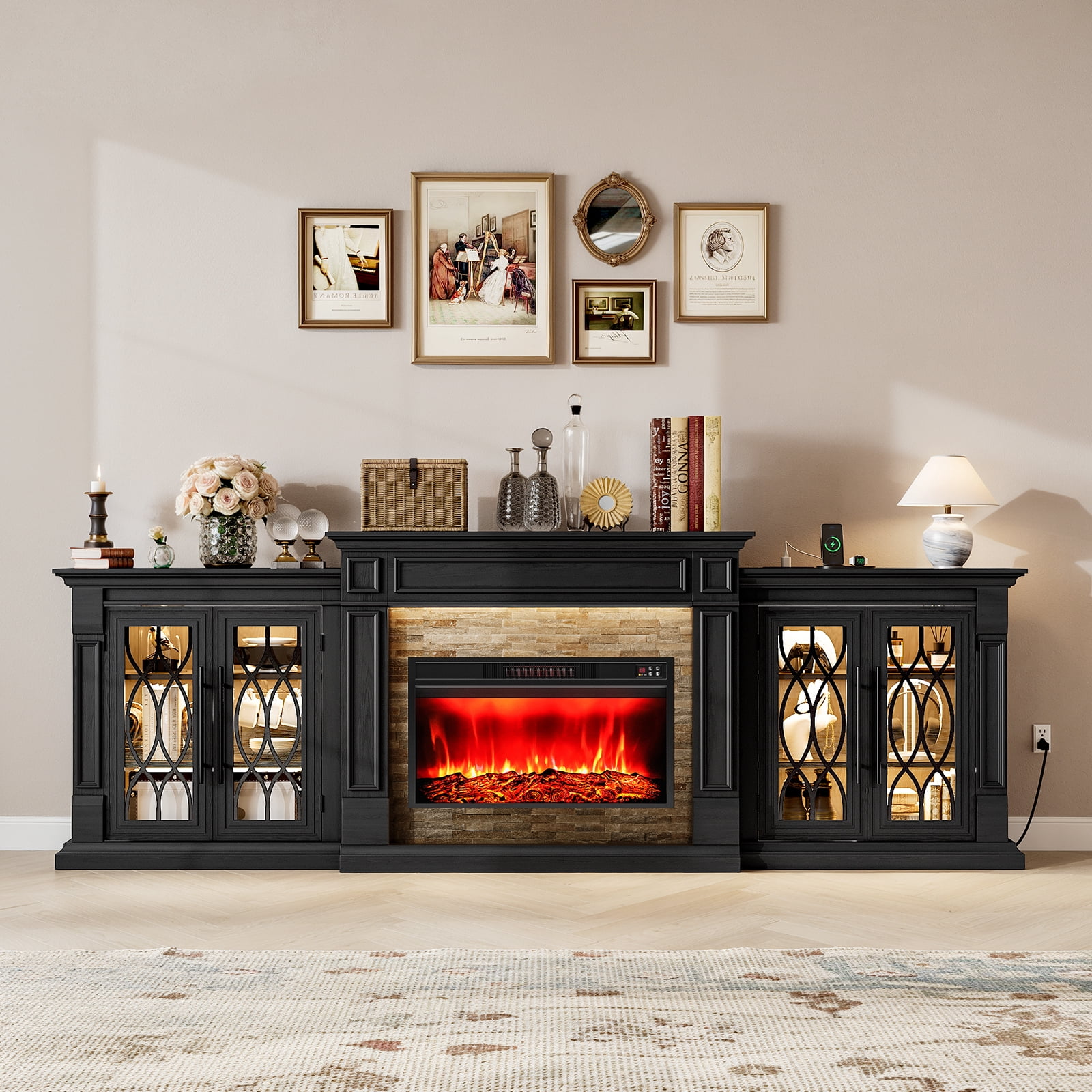 Holliwill 104" Fireplace TV Stand with 30" Electric Heater & LED Lights & Power Outlets, Modern Farmhouse Entertainment Center with Storage Cabinet for Living Room, Large Fireplace with Mantel, Black