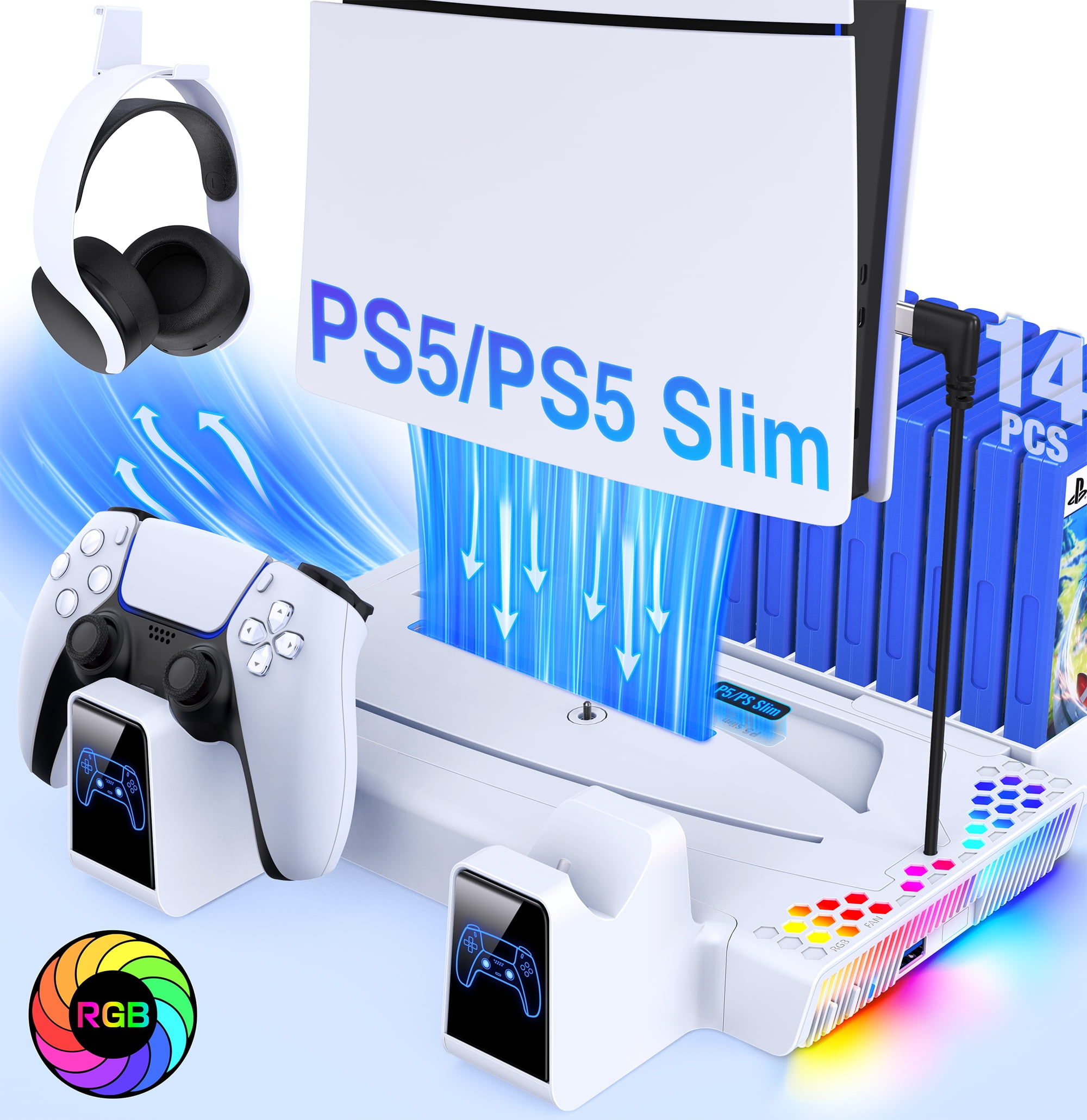 PS5 Stand for PS5 Slim with PS5 Controller Charger,ESYWEN PS5 Accessories with PS5 Cooling Station for PS5 Slim/Disc/Digital & PlayStation 5 Accessories-White