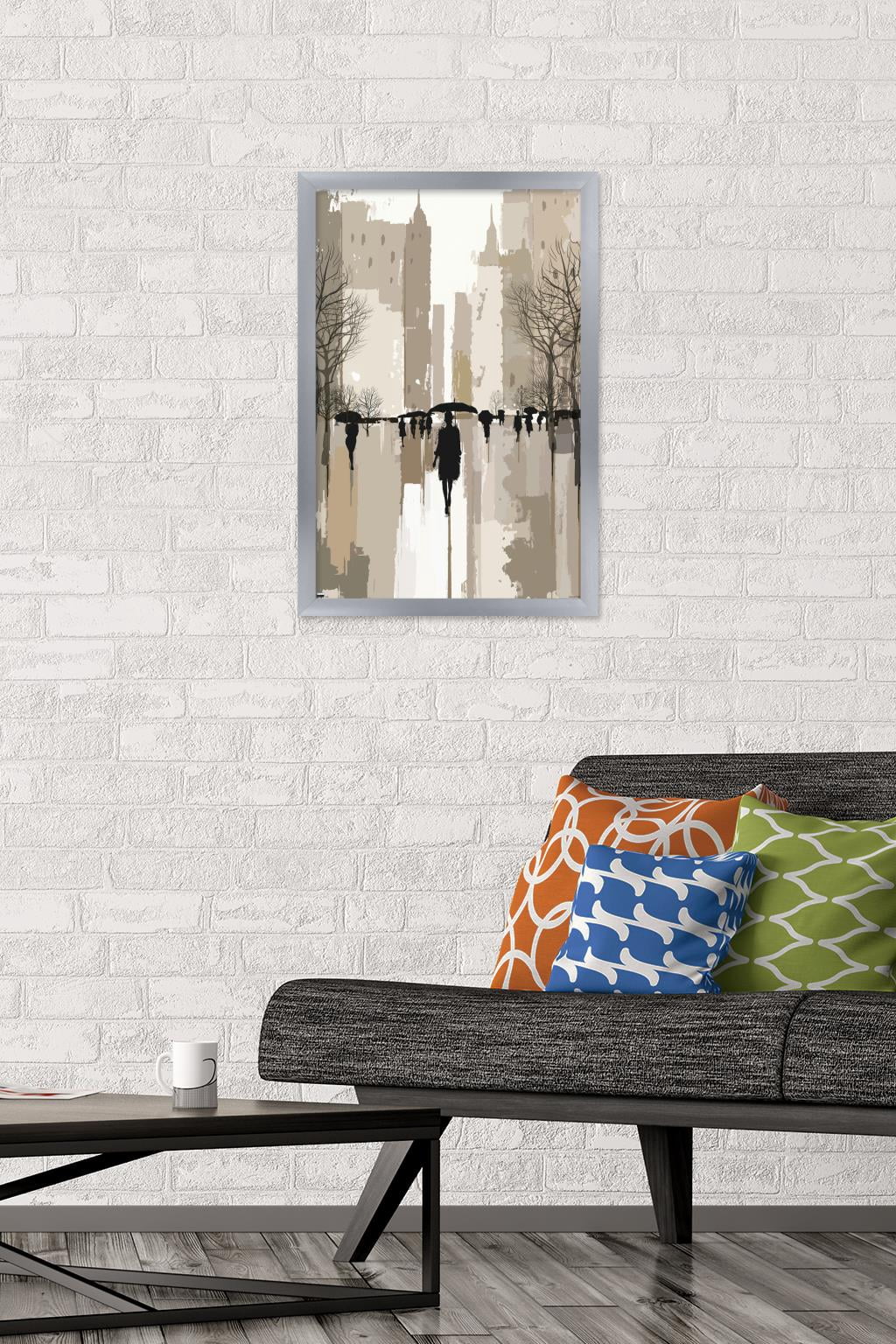 People Under Rain In The City Wall Poster, 14.725" x 22.375", Framed