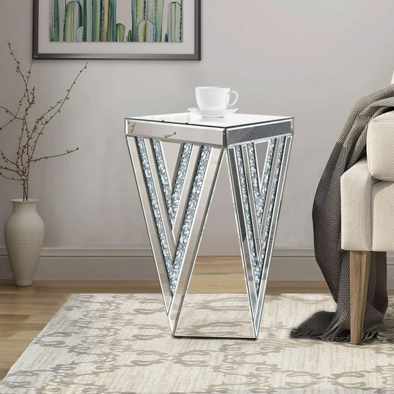 Pregaspor Silver Mirrored End Table, GorgeousSide Table with Crystal inlay, Small MirroredCoffee Table for Living Room, Sofa, Bedroom,Corner