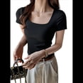 thumbnail image 1 of Camiseta Interior de Cuello Cuadrado para Mujer (2025), Corta y Hombros Rectos, Ajustada. Negro M, 1 of 8