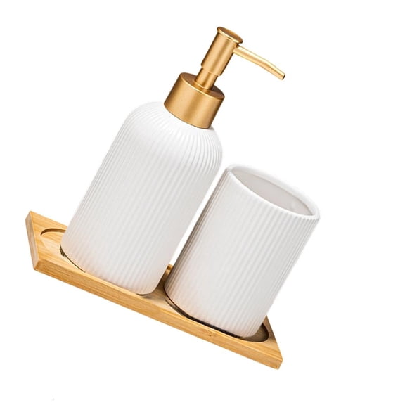 Giaone 3PCS Ceramic Liquid Soap Dispenser with Wood Storage Tray and Toothbrush Cup