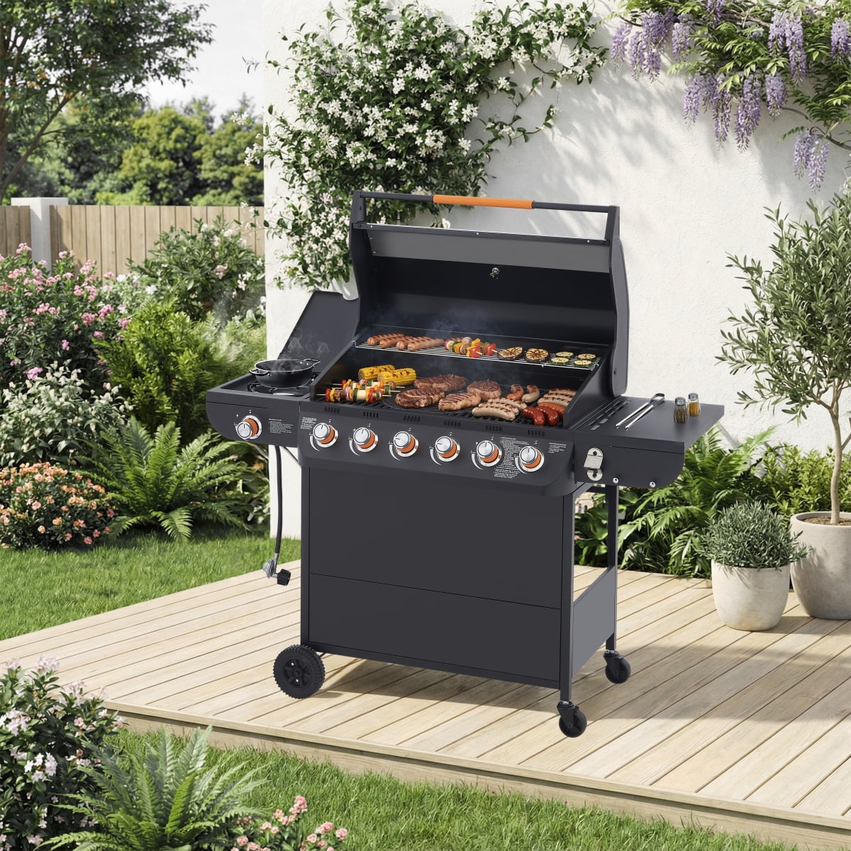 6-Burner Propane Gas Grill: 72000 BTU Power, 650 Sq.In Cooking Space, Side Burner, Cast Iron Grates for Outdoor Patio, Backyard Family Barbecues