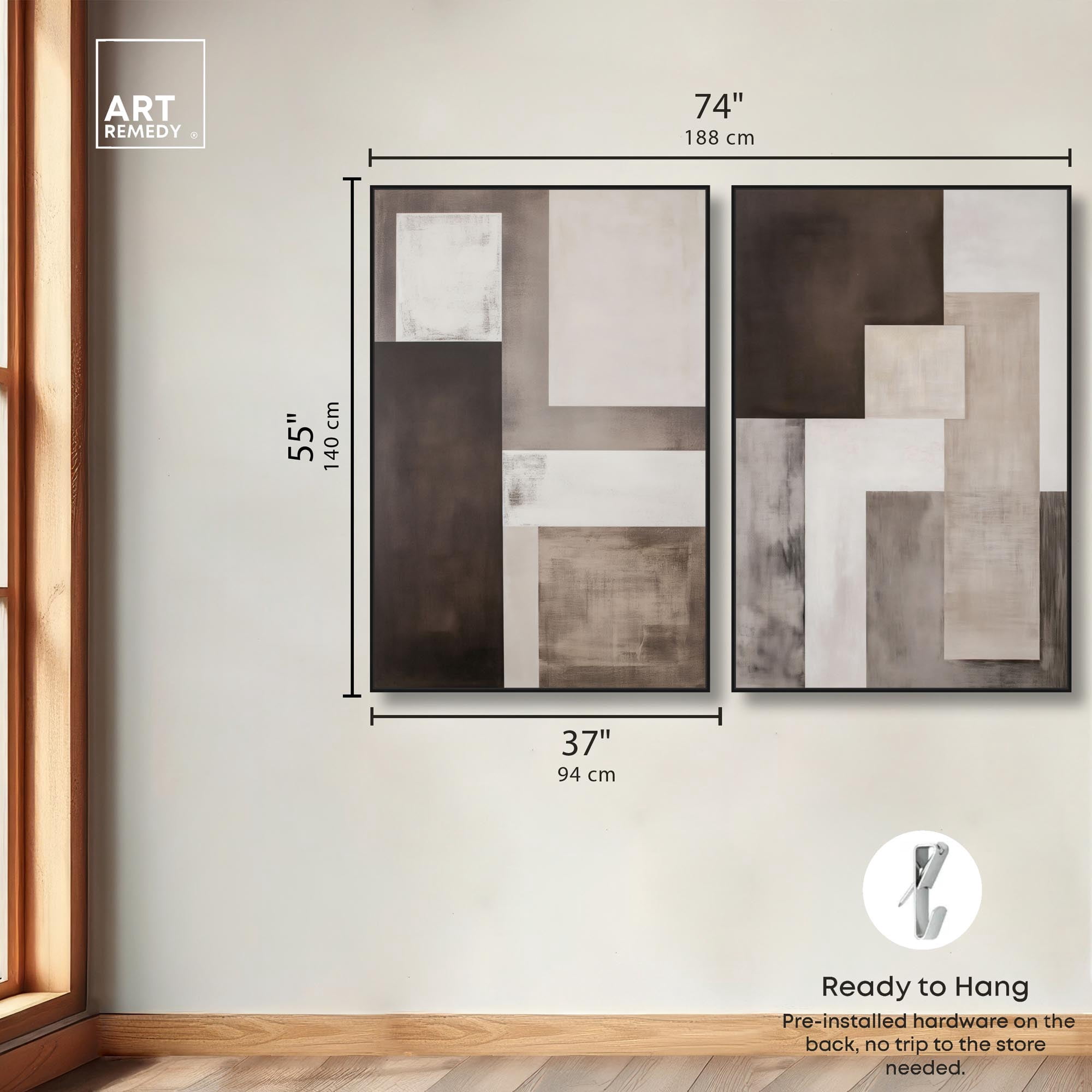 Quiet Geometries Set Canvas Print Brown Wall Art Set by Art Remedy, Black Frame, 36 x 54