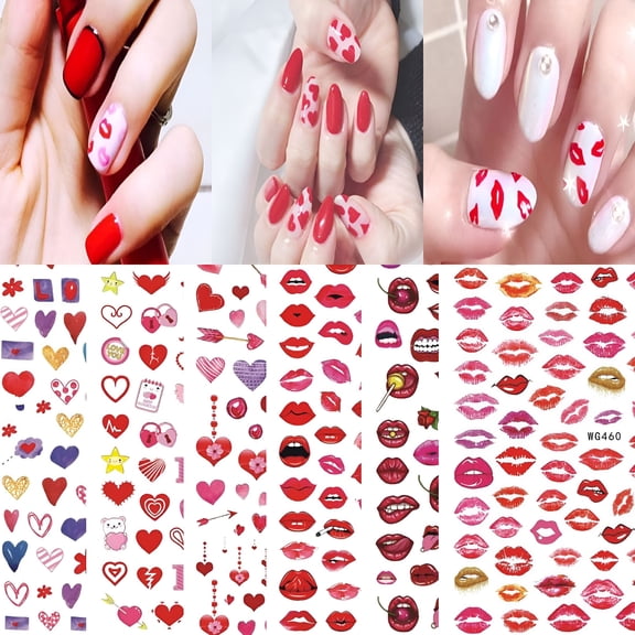 RAGUPEL 4 Sheets Valentine's Day Nail Art Stickers Decals Heart Nail Decorations 3D Self-Adhesive Removable Love Heart Sexy Lip Print Sticker Heart Color Nail Sticker