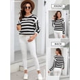 thumbnail image 4 of Xuanfei Women Striped Color Block Eyelet Cutout Ripped Crew Neck Long Sleeve Knit Sweater, 4 of 7