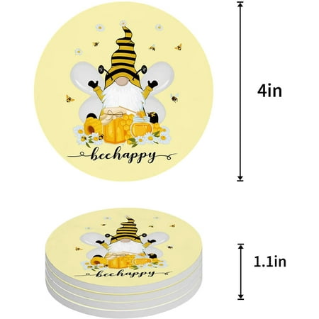 

ZHANZZK Summer Theme Cute Gnome Bee and Daisy Yellow Set of 8 Round Coaster for Drinks Absorbent Ceramic Stone Coasters Cup Mat with Cork Base for Home Kitchen Room Coffee Table Bar Decor