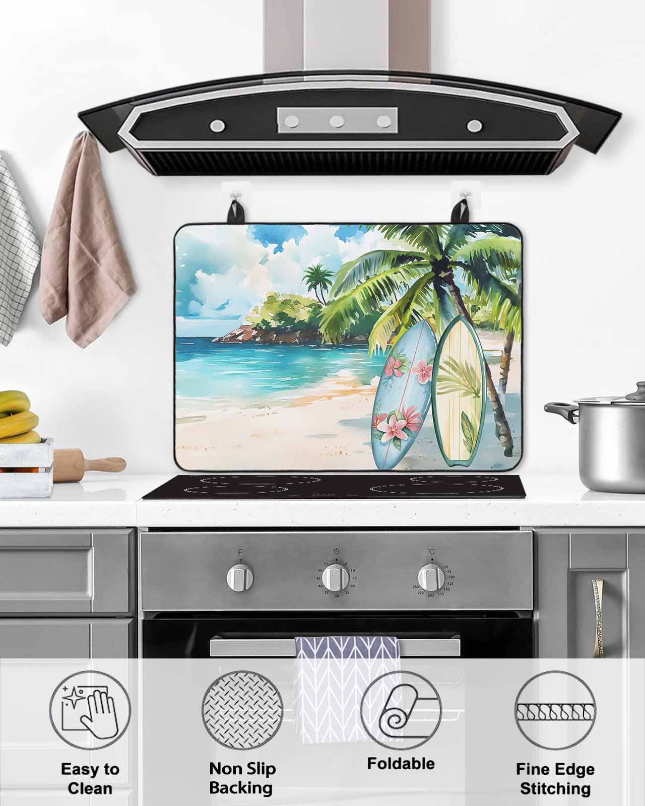 nqOlkjepod Large Induction Cooktop Protector Mat 24"x21", Summer Beach Stove Top Covers for Electric Stove, Tropical Coastal Palm Tree Surfboard Stove Burner Cover Mats, Glass Top Stove Cover