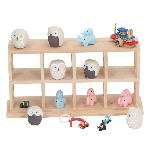 Dollhouse Furniture Accessories, 1: 12 Doll House Shelf Wood Resin 8 Grids Fine Appearance Doll House Storage Rack with Elephant Owl Boat Car Ornament