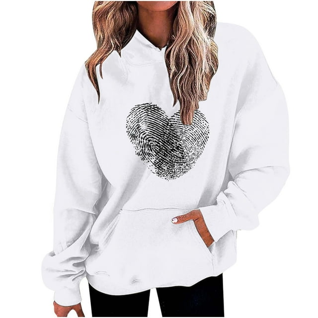 Penkiiy Mode Décontractée pour Femmes Impression de la Saint-Valentin Hauts à Manches Longues Sweat à Capuche S Blanc