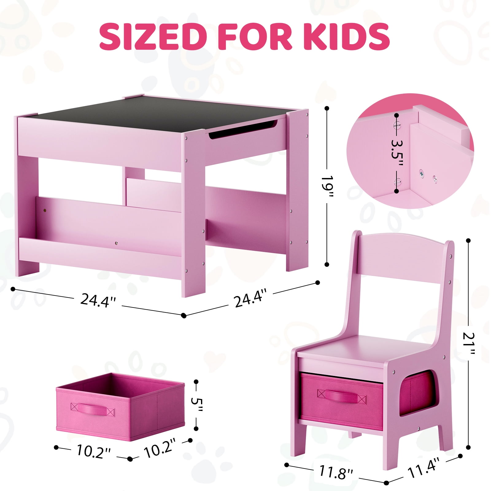Pirecart Kids Table and Chairs Set, 4 in 1 Wooden Activity Table with Reversible & Detachable Tabletop, Storage Drawer, Bookshelf, Kids Art Desk for Drawing, Playing, Learning, Pink