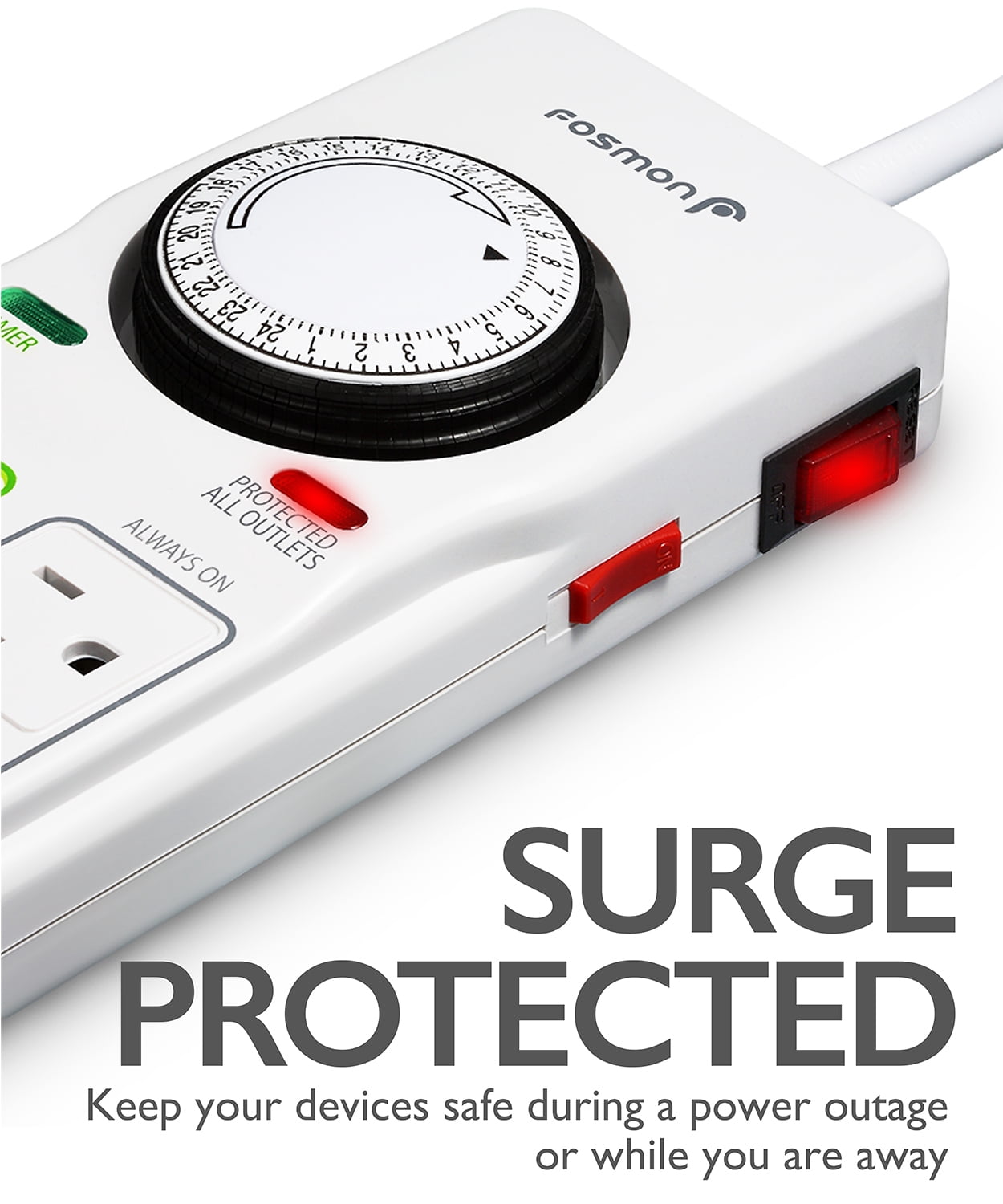 Fosmon Power Strip with Timer, 8-Outlet Surge Protector with Mechanical Timer, Indoor Grounded Electrical Outlet for Grow Lights, Reptile, Aquarium, (4 Outlets Timed, 4 Outlets Always On), ETL Listed