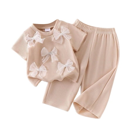 KPOPLK Toddler Girls 2Pcs Summer Clothes Outfits Short Sleeve Graphic Print Shirt Casual Pants for Girls Size 12-18 Months Beige