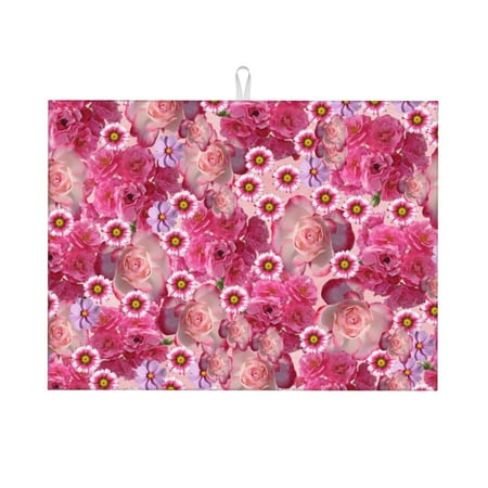 

Microfiber Drying Mat Pink Rose Plant Print Dish Drying Mat for Kitchen Counter 18 x 24 inches Pink