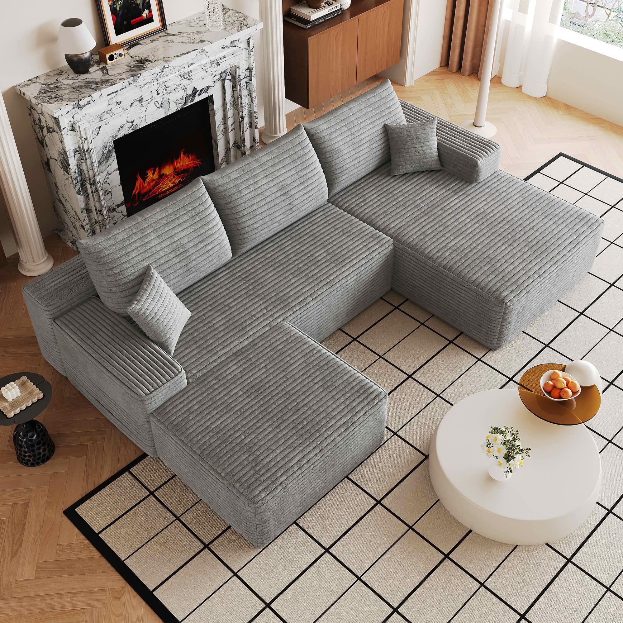 MAYEERTY 107" Cloud U-Shaped Sectional Sofa with 1 Ottoman, Plush Corduroy Deep Seat Modular Couch, No Assembly for Living Room