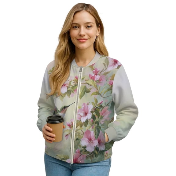 SCRAWLGOD Hummingbird Floral Print Green Womens Zip Up Long Sleeve Crewneck Sweatshirt Jacket Casual Loose Coats With Pockets Stylish Comfy Lightweight Outerwear, S
