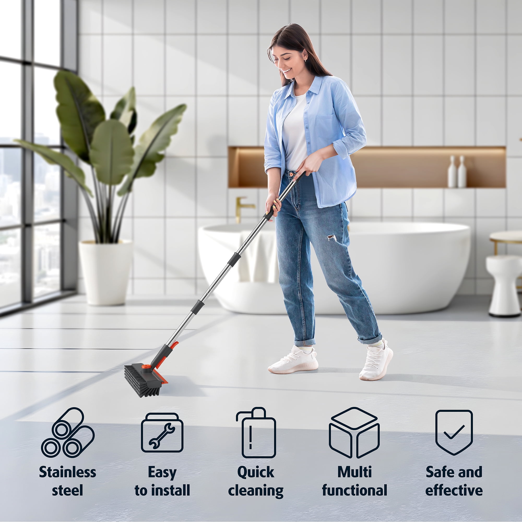 Floor Scrub Brush 3 in 1 Scrape and Heavy-Duty Stiff Bristle Scrubber Brush for Cleaning Shower Bathroom, Patio, Garage, Kitchen, Wall and Deck with Long Handle