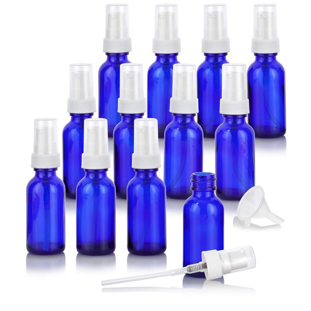 JUVITUS Botella redonda Boston de vidrio azul cobalto de 1 oz / 30 ml con bomba de tratamiento blanca (paquete de 12) + embudo