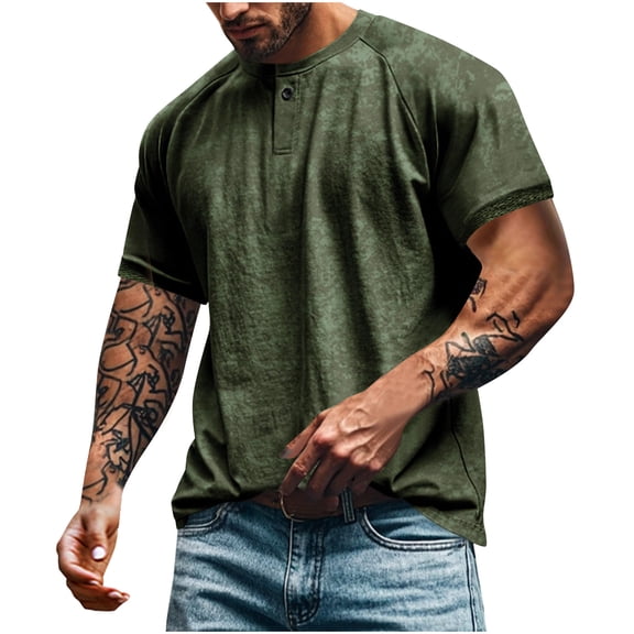 LMOIPLI Mens Distressed Henley Shirts Washed T-Shirts Short Sleeve Tee Regular Fit Shirts Casual Button Vintage Top Army Green L