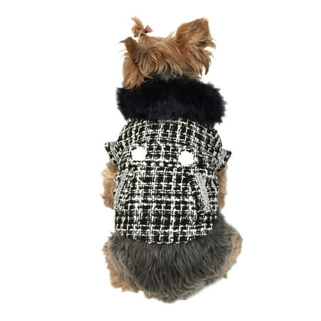 Medium Dog Coat - Black/White Faux Fur Collared Fashion Trench Coat Warm Winter Apparel for Puppy Dog Clothing Clothes - Medium (Gift for Pet)