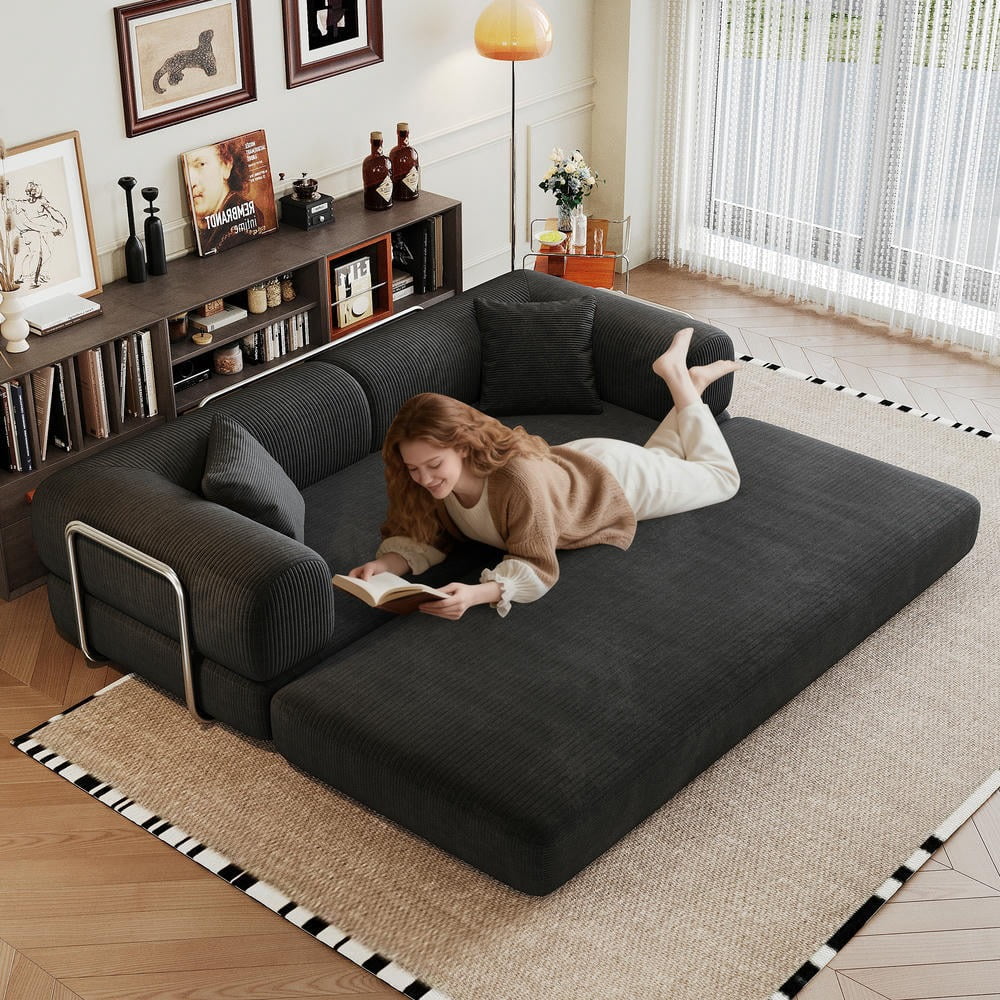 Barara King 78.8" Convertible Sofa Bed, Comfy Futon Sleeper with Pillow Back Support, Armrest, Modular Sectional Design, Boneless Loveseats for Living Room, Bedroom, Corduroy, Black