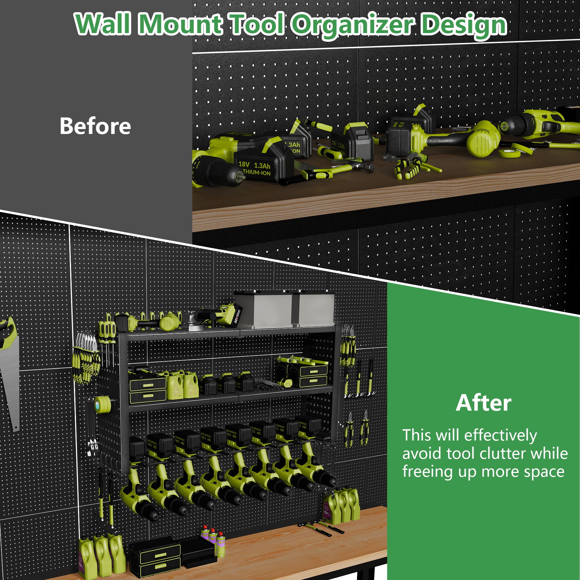 Jhsomdr Power Tool Organizer 8 Drill Holder Wall Mount, 3 Layer Garage Tool Organizer Tool Storage Shelf with Pegboard/Hooks, Utility Racks with Screwdriver/Plier/Hammer Holder