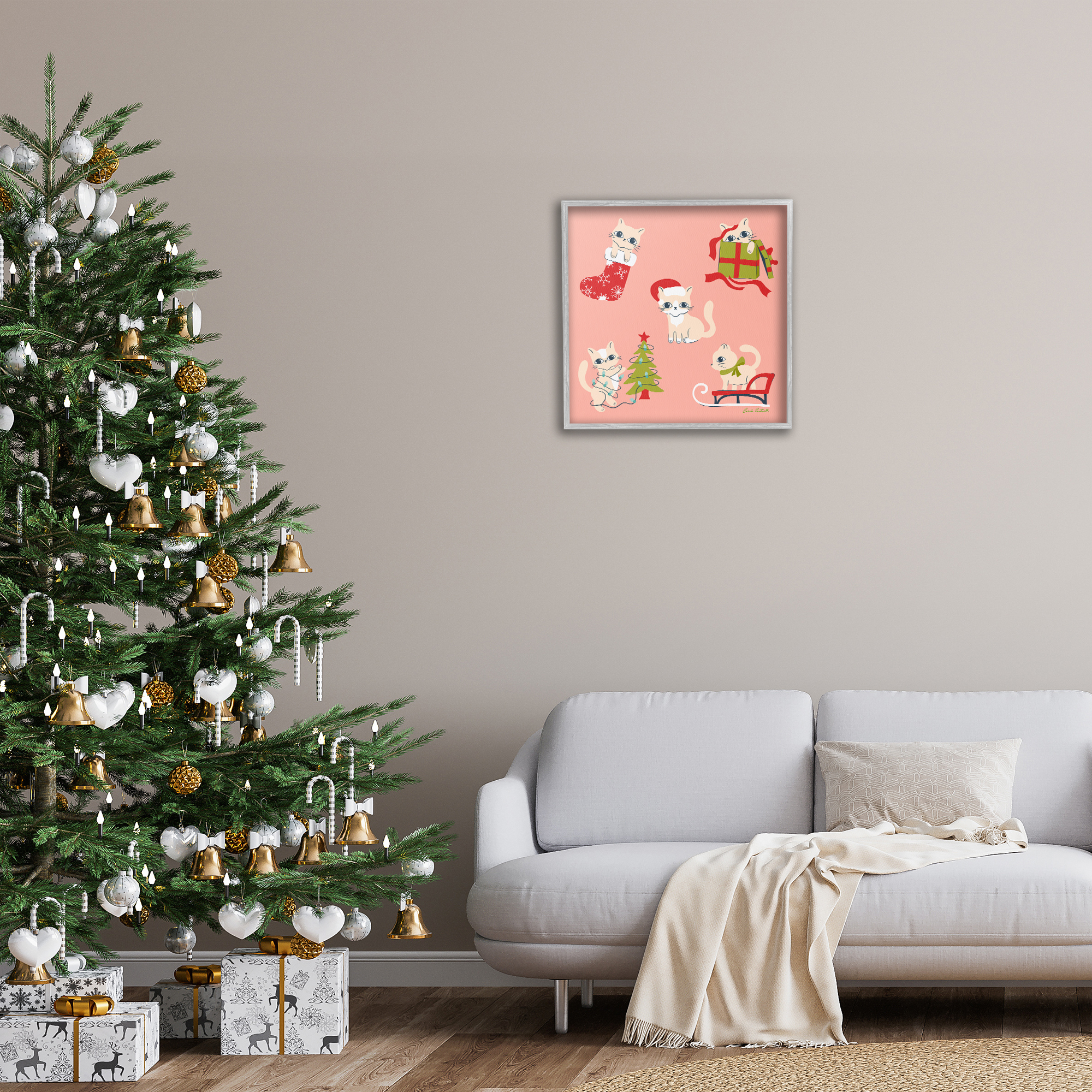 Stupell Industries Festive Cats Cute Holidays Holiday Painting Gray Framed Art Prints Wall Art, 24 x 24