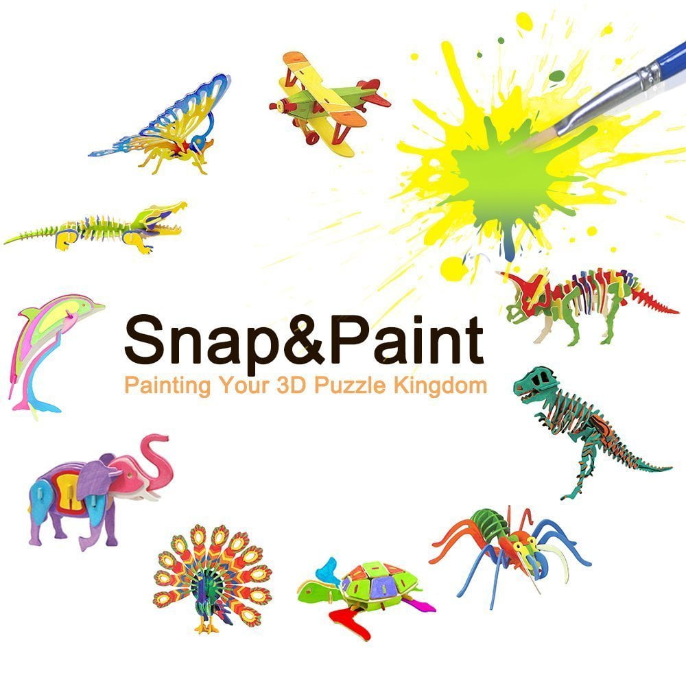 STEVOY DIY 3D Paint Wooden Puzzles Kit for Kids Educational Crafts Building STEM Model Paint Kit with Brush Toys for Children Pack of 6 Dinosaur