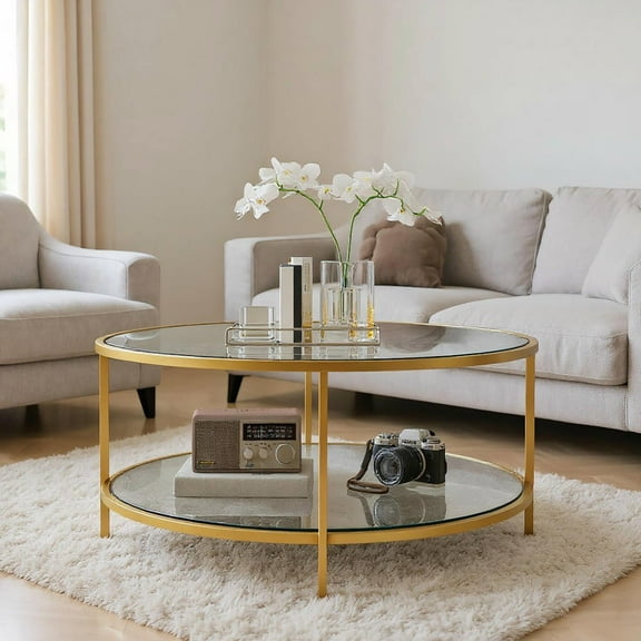 Resenkos 26" Round Side Table, 2-Tier Tempered Glass, Steel Frame, Gold