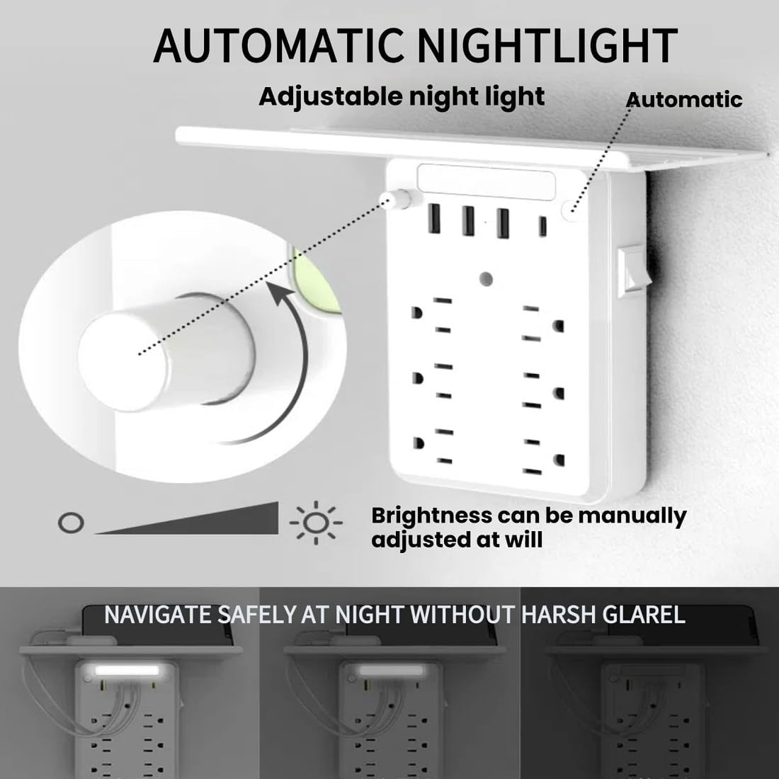 Wall Outlet Extender with Shelf Night Light, 2025 New Multi-Plug Outlet Splitter with Detachable Mobile Storage Rack with USB Ports
