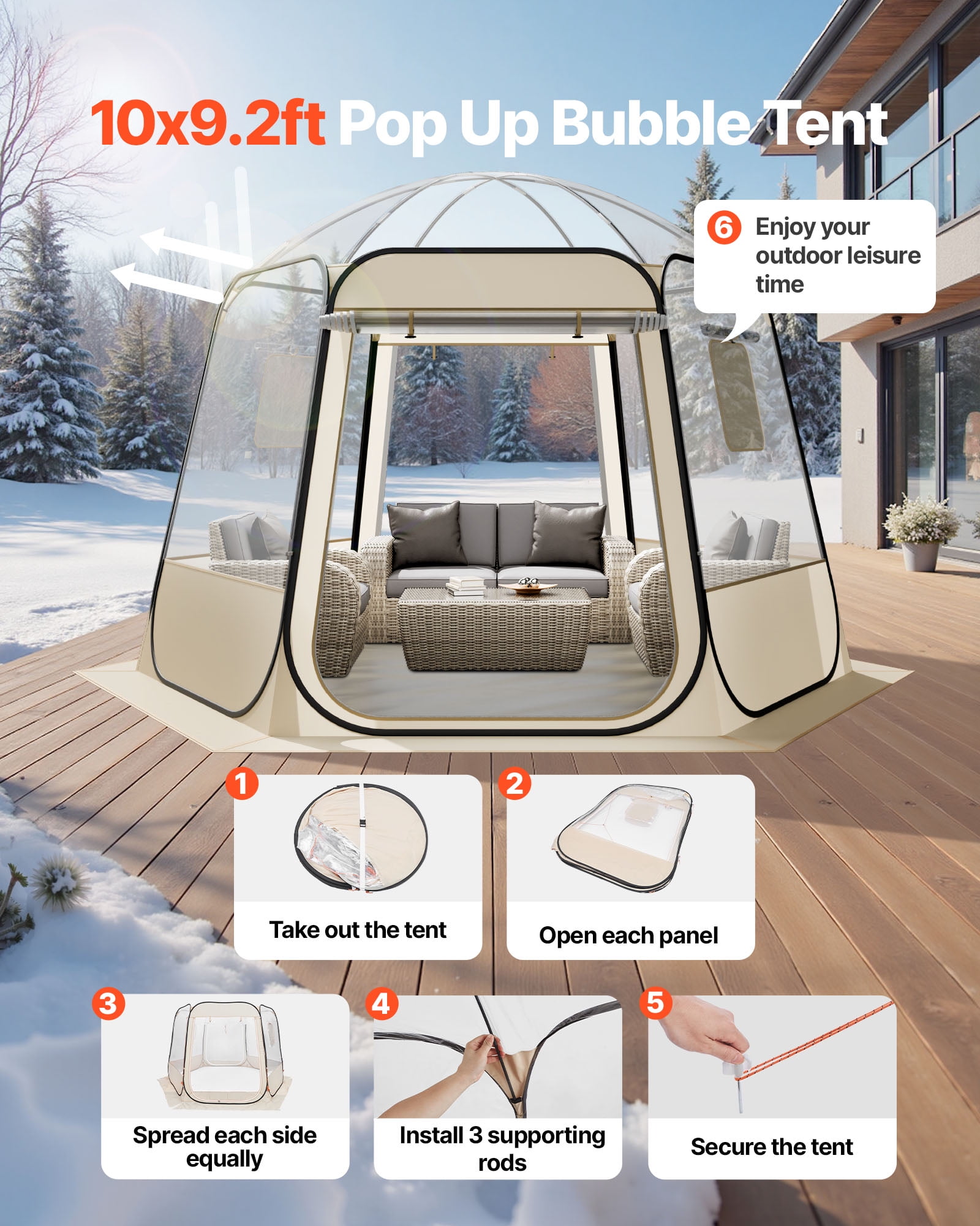 VEVOR Pop up Bubble Tent, 10 x 9.2 ft Waterproof & UV-Resistant, Clear Camping Tent Shelter, Outdoor Garden Dome Igloo Tents with Windows, 540° Panoramic View, for 4-8 Persons Patio Backyard