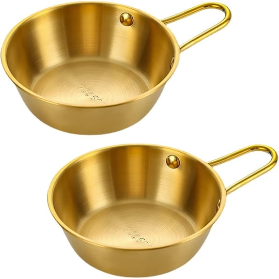 2Pcs Makgeolli Bowls, 304 Stainless Steel Korean Traditional Bowls Round Rice Bowl Wine Cup with Handle, Hiking Soup Dish Food Bowl Camp Cup (Small: 6.5oz, 3.9inch, Gold)