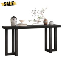 GZXS Contemporary 63" MDF Console Table with Pine Veneer Top, Stylish Geometric Structure & Solid Pine Legs, Easy Assembly, Black