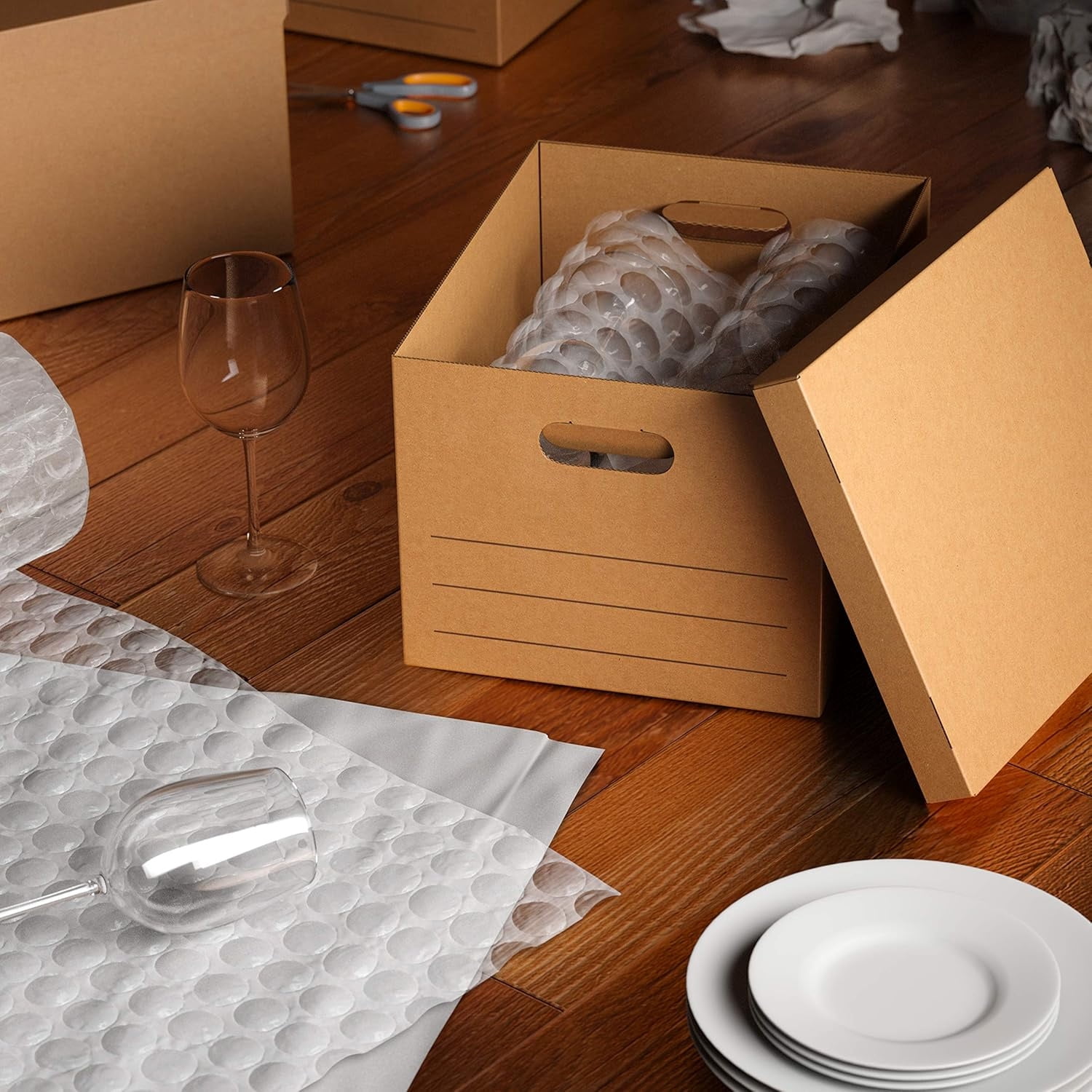 Moving Boxes with Handles and Lids, 19 x 14.5 x 15.5 in, Brown, 10-Pack, Medium