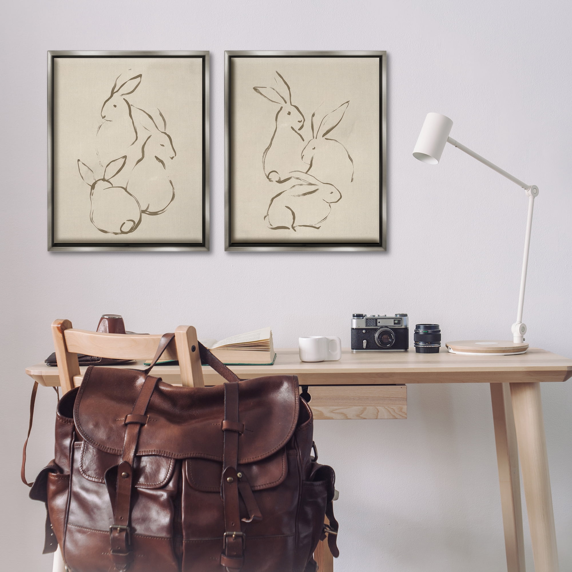 Stupell Industries Earthtone Sitting Rabbits Sketch Animals Drawing Gray Floater Framed Canvas Art Print Wall Art, 31 x 25, Set of 2