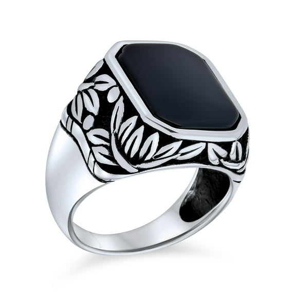 Bling Jewelry Mens Retro Vintage Leaf Vine Black Onyx Octagon Rectangle Signet Ring Sterling Silver