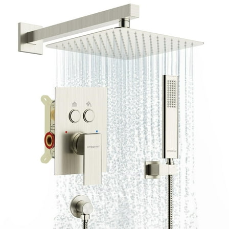 Brushed Nickel Complete Shower System Set with Push-Button Diverter, 10" Rainfall Shower Head & Handheld Spray, Wall-Mounted Installation