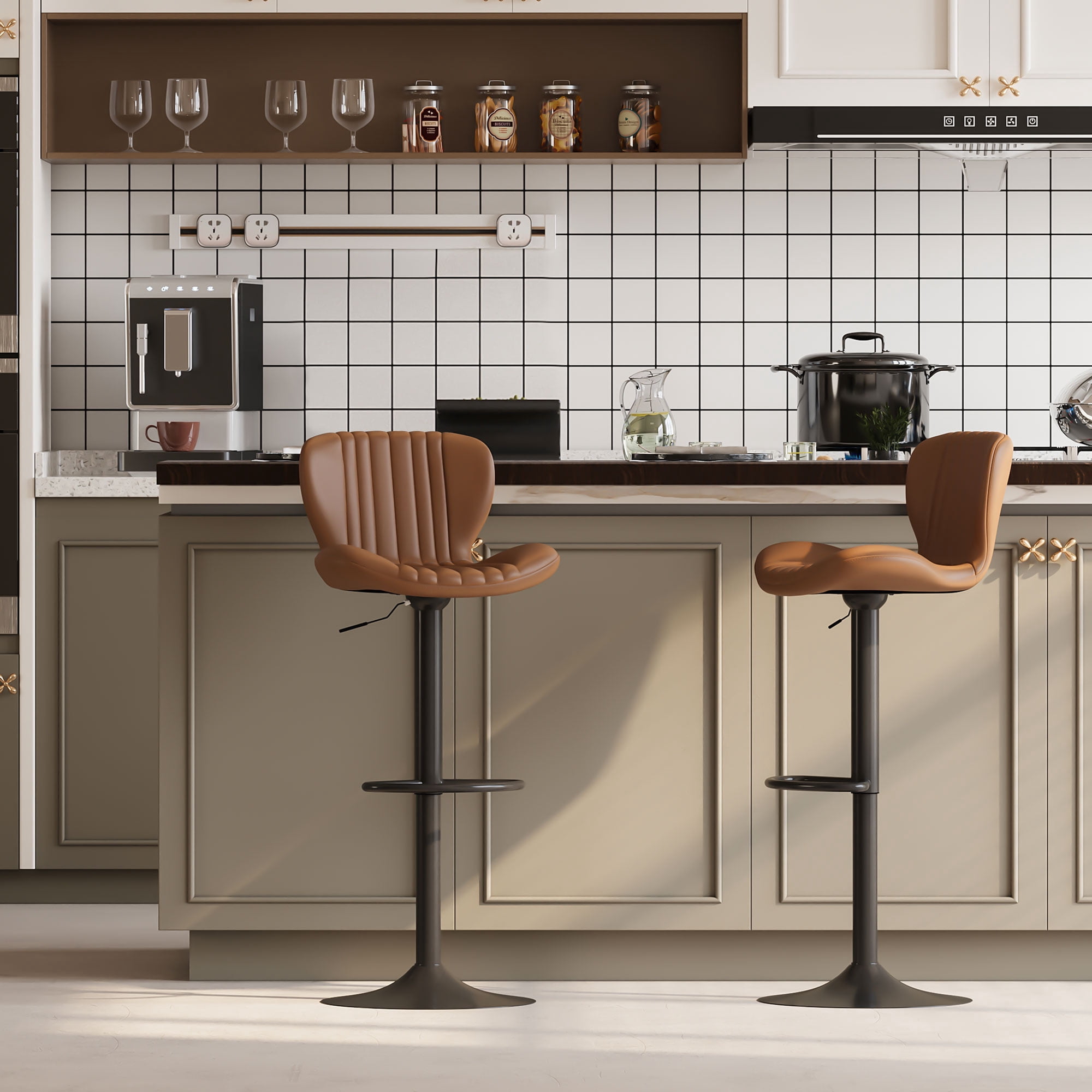 Walsunny Adjustable Bar Stools Set of 2 Leather Upholstered Swivel Counter Stools Counter Height Bar Stools with Large Base, Room Bar, Brown