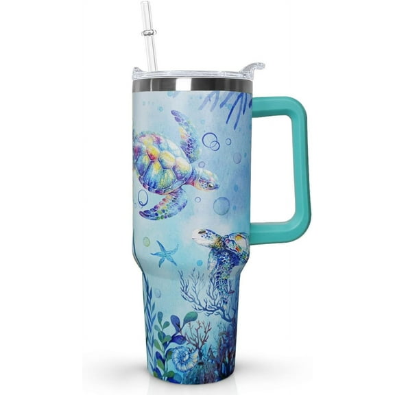 40 Oz Sea Turtle Tumbler with Handle Lid and Straw,Double Wall Vacuum Stainless Steel Watercolor Ocean Turtle Cup,Water Bottle,Travel Coffee Mug,Hawaiian Sea Turtle Decor,Accessories